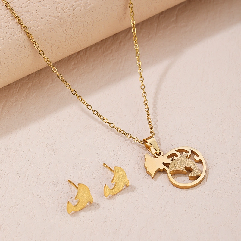 Fashion Jewelry Dolphin Design Necklace Earring Stainless Steel Jewellery Set for Women