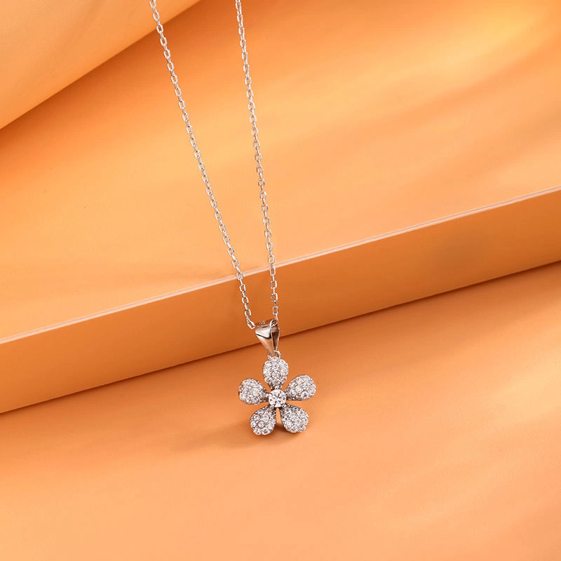 High Quality 925 Sterling Silver Flower Birthstone Full Diamond Pendant Necklace Jewelry for Women