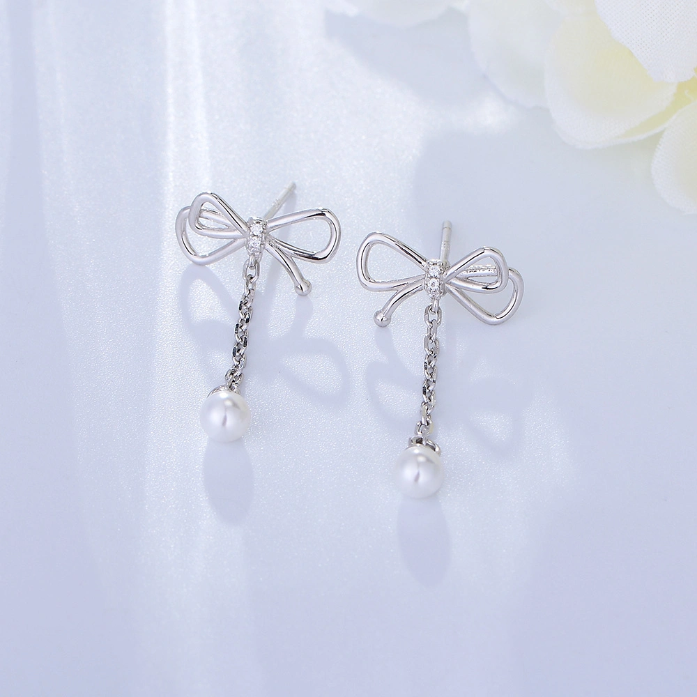 New Design Gold Plated 925 Sterling Silver Bow Knot Tassel Chain Pearl Drop Earring