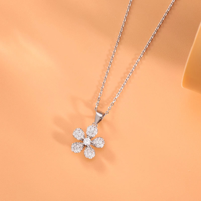 High Quality 925 Sterling Silver Flower Birthstone Full Diamond Pendant Necklace Jewelry for Women