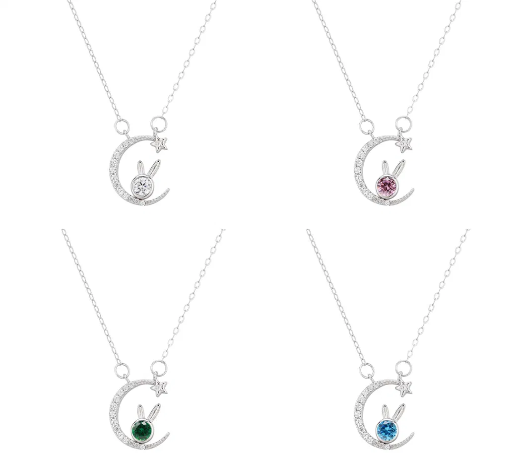 New 925 Sterling Silver Cute Rabbit Moon and Star Pendant Zodiac Necklace