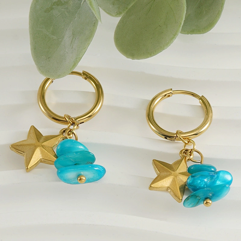 Stainless Steel 18K Gold Plated Jewelry Star Blue Turquoise Beaded Natural Stone Long Tassel Dangle Drop Huggie Hoop Earrings