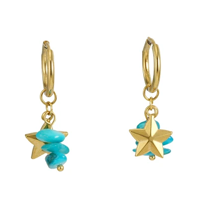 Stainless Steel 18K Gold Plated Jewelry Star Blue Turquoise Beaded Natural Stone Long Tassel Dangle Drop Huggie Hoop Earrings