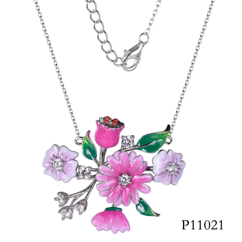 Fashion New Style 925 Silver Jewellry Enamel Flower Pendant Necklace