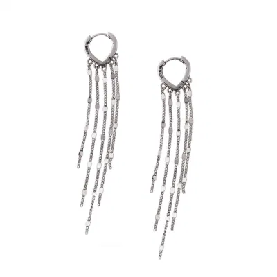 925 Sterling Silver Long Tassel Heart Hinged Huggie Hoop Dangle Earrings