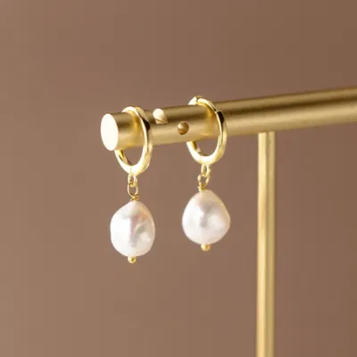 925 Sterling Silver Baroque Freshwater Pearl Hoop Huggie Drop Earrings